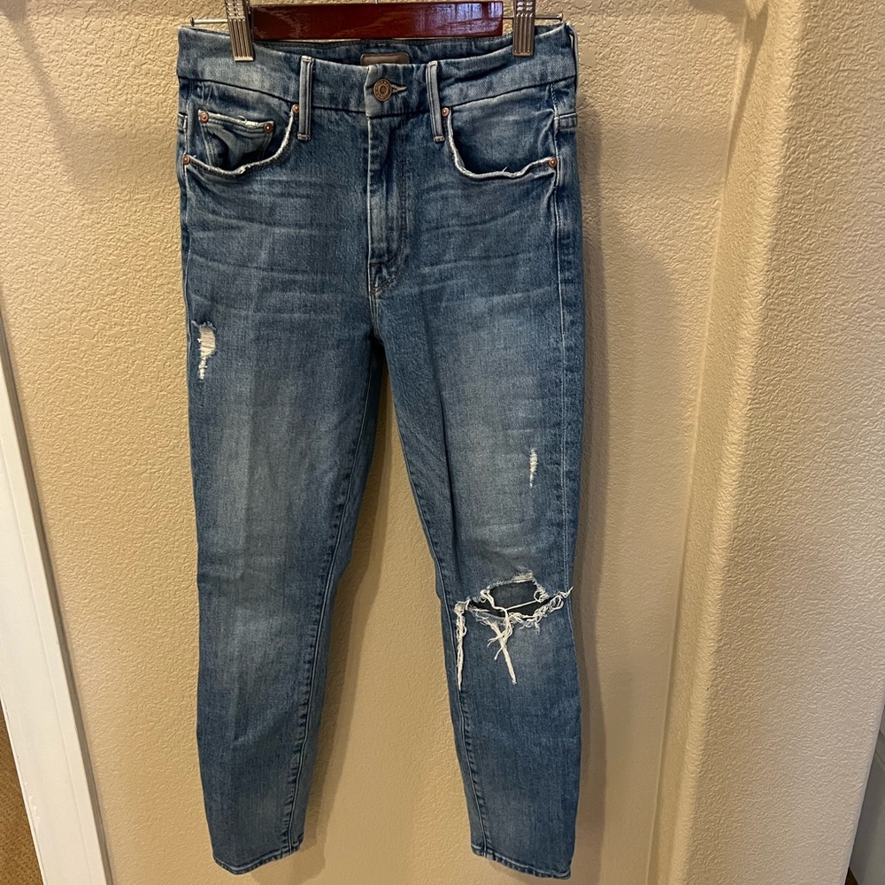 Mother Ripped Straight Blue Jeans